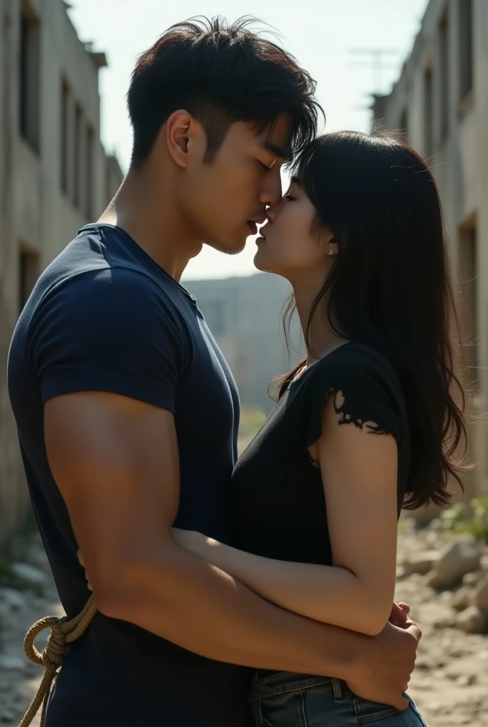 Muscular detective man kissing a boy in a Japanese uniform 