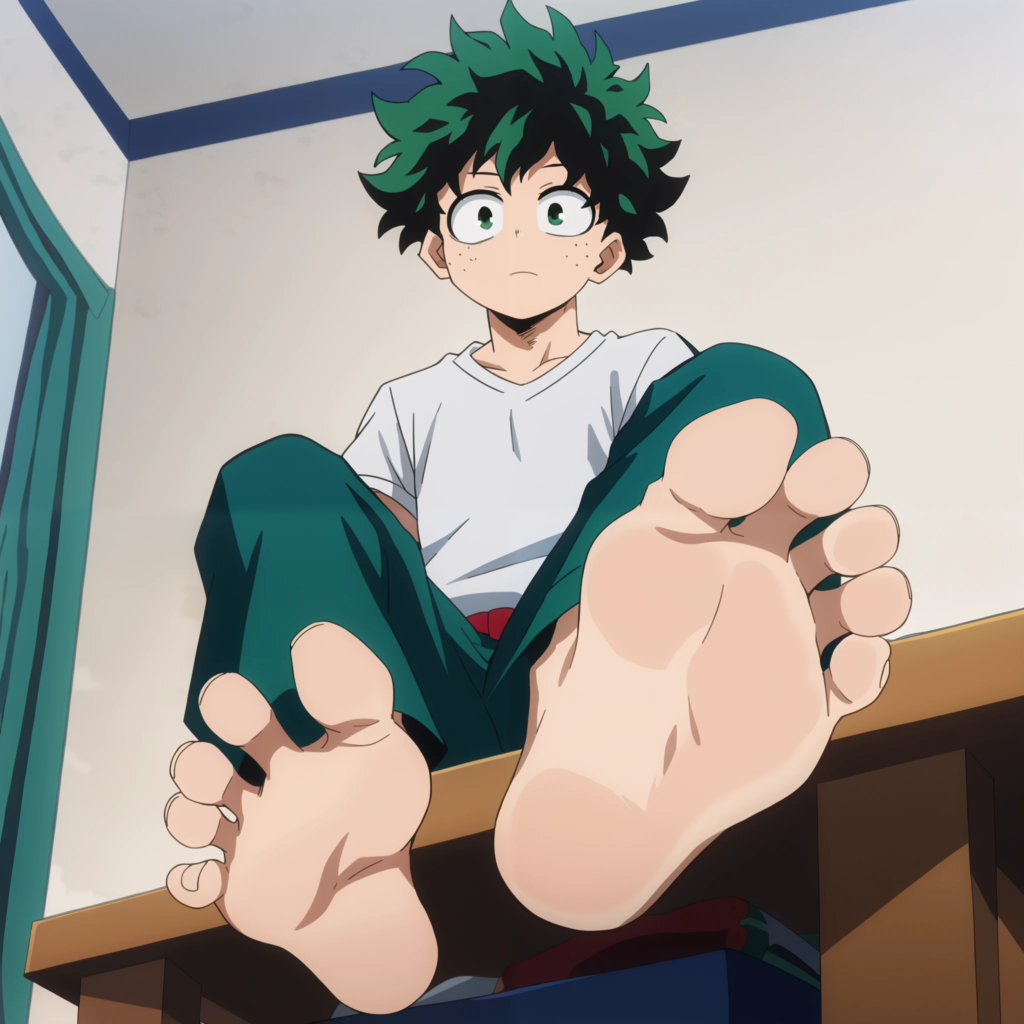 source_anime, score_9, score_8_up, score_7_up, anime screencap, 8k, absurd res, Midoriya Izuku, 1boy, solo, messy green hair, official style, UA dorm outfit (casual blue pants and white t-shirt), barefoot, soles, from below, foot focus, in a dorm room, sitting at a table, looking at viewer