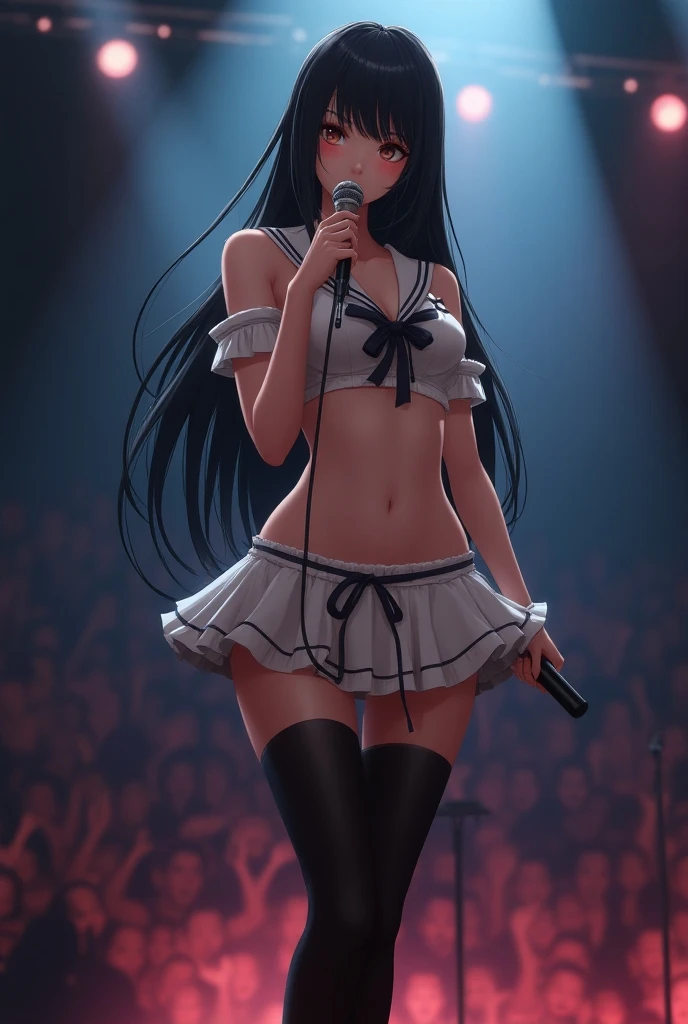 illustratio、Cinematic scene、hight resolution、best qualtiy、ultra-detailliert、A detailed face、((A detailed eye))、top-quality、ultra-detailliert、​masterpiece、((详细的脸))、Beautiful face、The best smile、Sexy mature woman transparent(Cute T-shirt)cloths、Floating cloth、see -through、a choker、、D-cups、cleavage of the breast:2、NSFW、high-heels、random eyes、Random haircolor、Neon small shiny hair ends、a frilled miniskirt、AI Fantasy Concert、Shining lighting with neon details、Hold the microphone with your left hand and sing:15、Dark Magic💕、(Live Stage:1.15)To the audience in the background、 Stick your butt out and sing、light reflections、Heart-shaped iris、playful eyes、Open shoulders、Sateen、(a wet body)、Small glowing butterfly、Hair Jewelry、pantiy、((Cute embroidered white string panties))