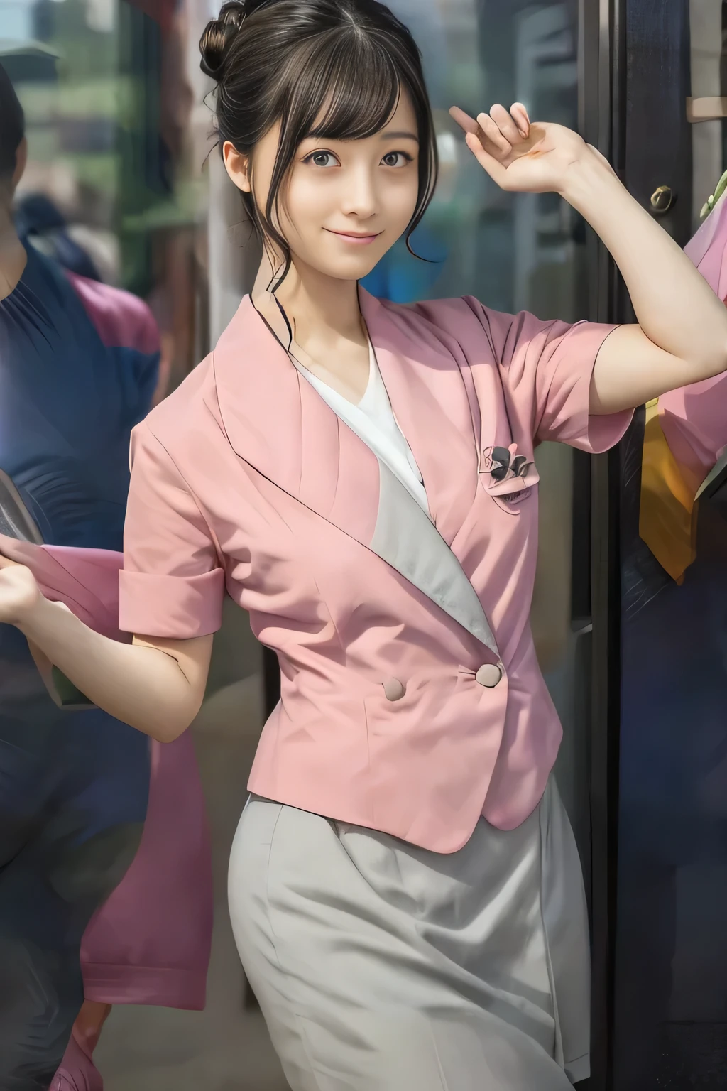 (masterpiece:1.2, Best Quality:1.2), 32kHDR, Hi-Res, (Alone、 1 girl)、(Rooftop of a building during the day、Professional Lighting)、With the roof of the building in the background 、(Nankai train crew uniform pinkを着たリアルスタイル)、(Nankai Electric Railway crew uniform, pink, Short sleeve, Collarless, pink jacket、Nankai Electric Railway crew uniform pink no-collar short-sleeve blouse、Nankai Electric Railway crew uniform pink grey knee-length culottes)、((The bottom of the pink short-sleeved jacket cannot be tucked into the clay-colored culottes..))、 dark brown hair 、(Hair tied up、Hair Bun、Hair Bun)、 dark brown hair 、Long Hit、Big Breasts、Thin legs、((Great hands:2.0)),(( harmonious body proportions :1.5)),((Normal limbs:2.0)),((Usually refers to:2.0)),(( DELICATE EYES FULL OF DECISION:2.0)),((Normal eyes:2.0)))、smile、(Nankai Electric Railway crew uniform pink grey knee-length culottesを見せた美しい立ち姿)