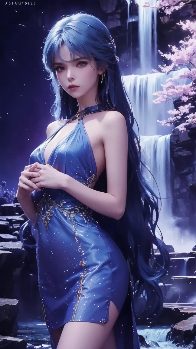 1girl, Solo, High Resolution,1girl, Solo, High Resolution, Long Hair, Blue eyes, Closed Mouth, Blue Hair, 8K Octane, wearing blue dress, Behind waterfall, Behind Pink Sakura trees