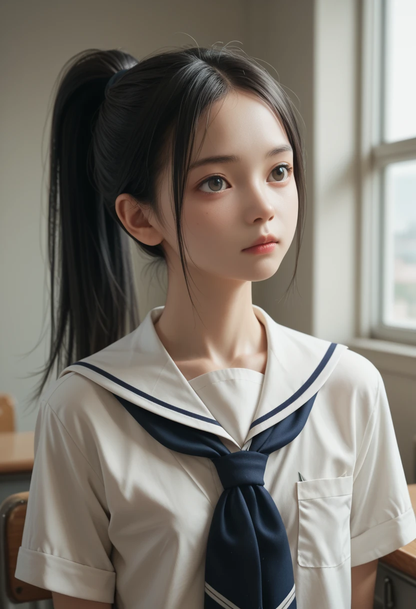 Detailed face,slender,black hair,Ponytail,flat chest,school uniform,upper bodyroom