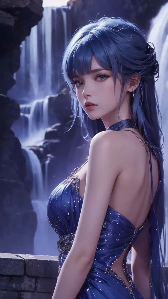 1girl, Solo, High Resolution,1girl, Solo, High Resolution, Blue eyes, Closed Mouth, Blue Hair, 8K Octane, wearing blue dress, Behind waterfall, Behind Pink Sakura trees