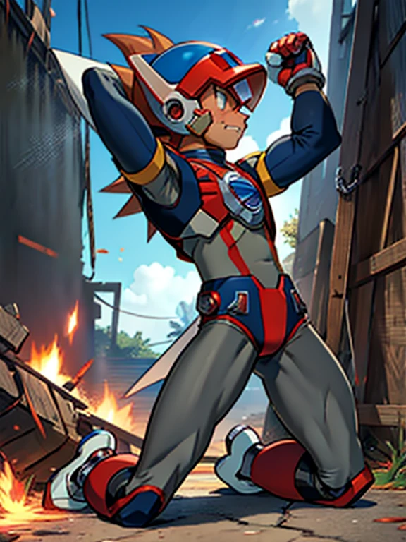 Axl(Mega Man X)　Axl　Boy in Tights 　 helmet 　Kneeling　 realistic skin　全身Boy in Tights 　 raises arms　Boy in spats 　 is chained　 are in estrus　 is blushing　Suffering　 Facing Backwards 　I can see your back　I can see your butt