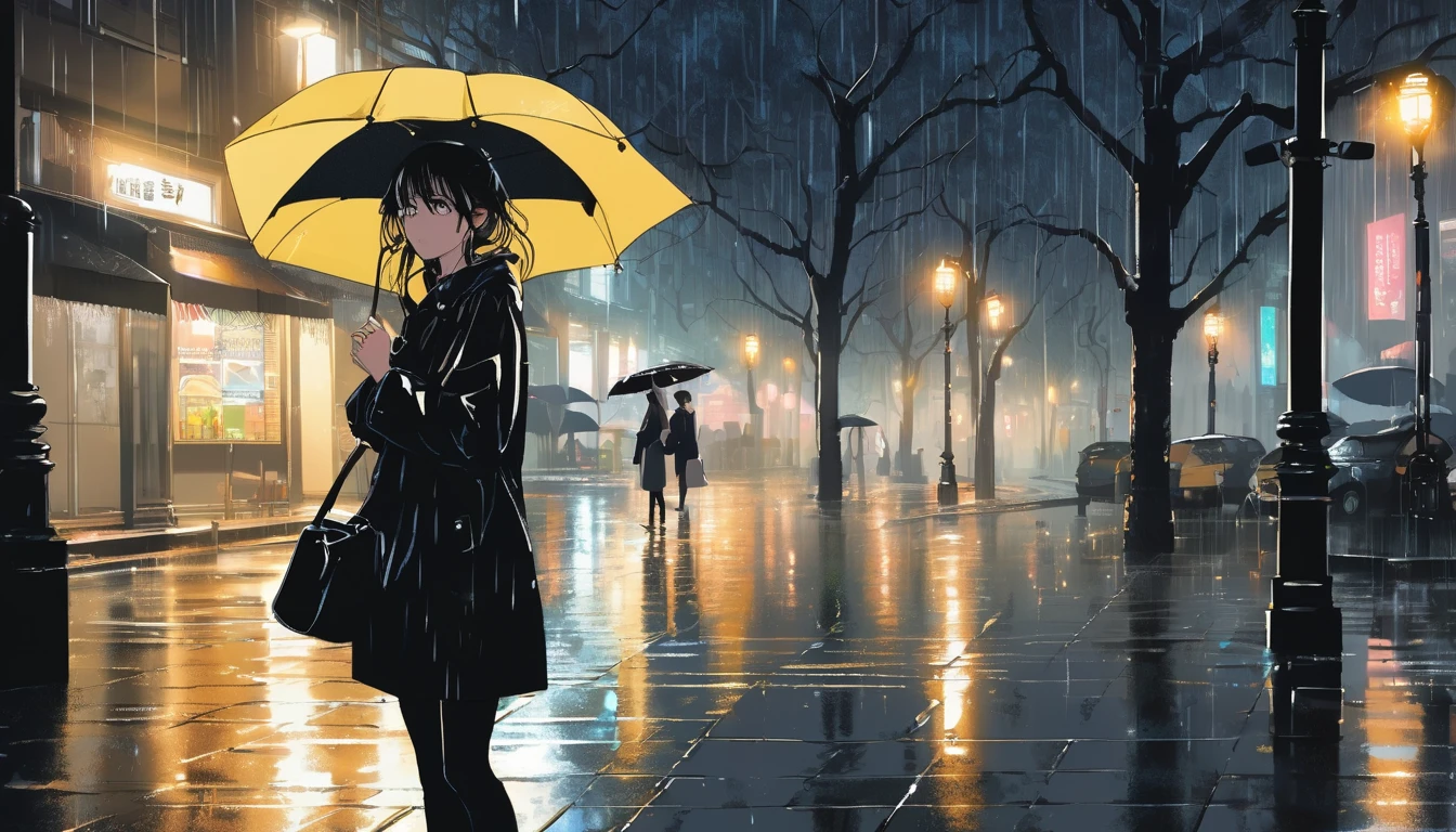 Rainy street lamp、A woman holding an umbrella、, London,Classic atmosphere、 Woman wearing a trench coat, ,Perfect Face, Looking Away, (Backlight: 1.1), A scene from a movie, Soft Shadows, masterpiece, Highest quality, Complex, Model shooting style, Vintage, Film Grain, Wide shot wet hair、Black Dress