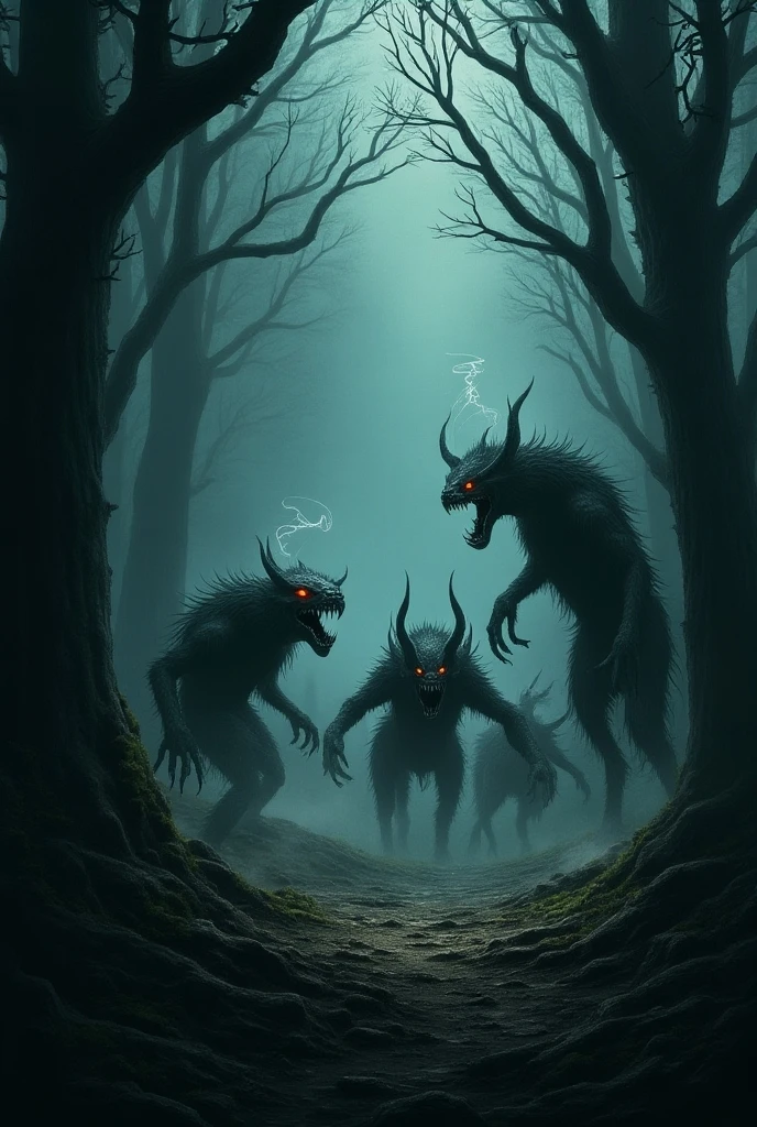 Forest, at night, moonlight, seven-headed, ten-horned monster, scary red eyes, long arms, ghastly, terrifying body, looking at a human, blood on the ground, goat, serpent, demon, scary face. Maximum quality.