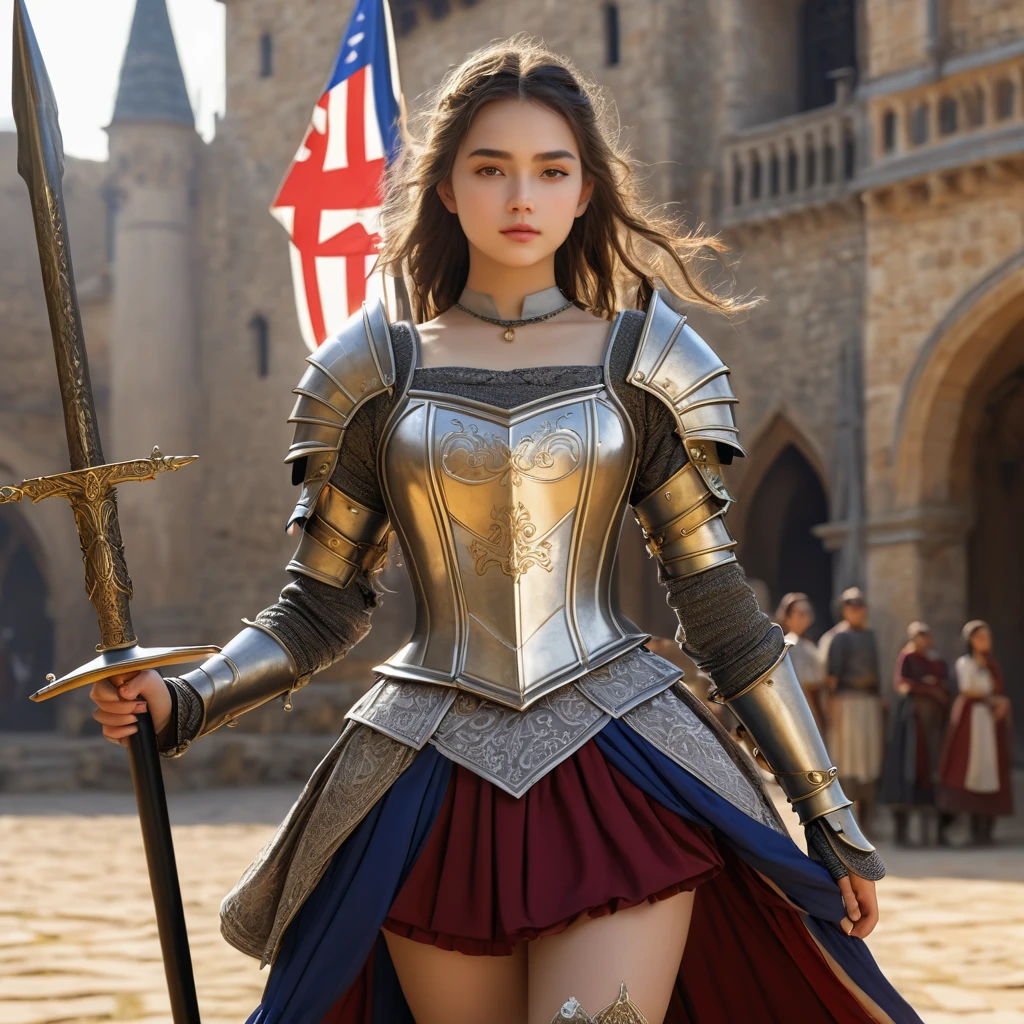 (   Highly Detailed CG Octane Rendering 8K Wallpaper ),   World's Most Beautiful Artwork  ,   Long Spear with a Flag , Complex,   high detail, ８ year old girls , Gold embroidery,  Medieval Long Cotton Dress （With panniers）, cotton cloth,   raise skirt  , Strong winds, Transparent slip, Translucent Tights  , Peeking from below, Best Quality, Disarray of clothing,   lies down, underwear,   show off your thighs, knight , Skirt lining, Bloomers、Leather Armor、 with a flag attached to a long spear 
