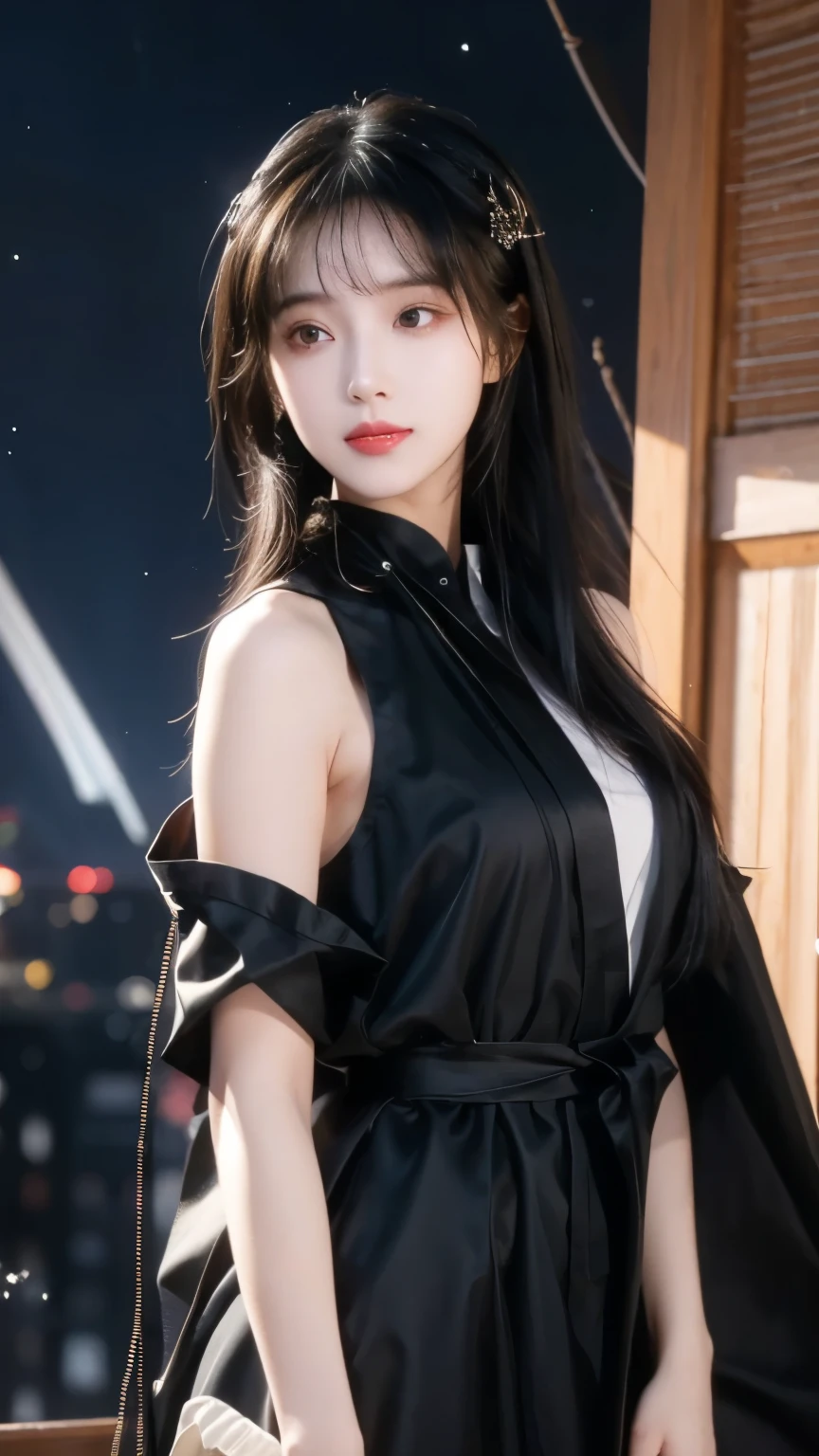 best qualtiy， tmasterpiece， 1girll， beauitful face， （photograph realistic：1.3）， edge lit， （highdetailskin：1.2）， 8K  UHD， digital SLR camera， high high quality， A high resolution， 4K， 8K， Bokeh， absurderes， Optimal proportions of four fingers and one thumb， （realisticlying：1.3）， Cute 1girl， Wearing a black formal blazer， mediuml breasts， Short white dress，Stand up