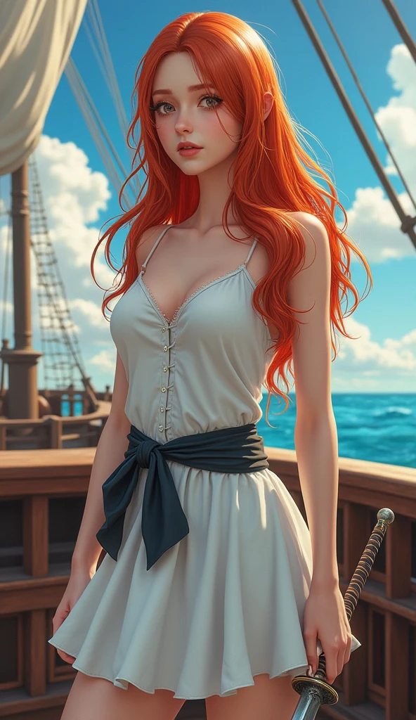 (((masterpiece+best quality+high resolution+ultra-detailed))), 1girl with clima-tact, Nami, long silky orange hair, high nose, sharp eyes, noble and inviolable temperament, (([female]: 1.2 + [beauty]: 1.2 + orange long hair: 1.2)), pirate ship background, blue sky, clouds, bracelets, white long sleeve mini dress and donned another belt, bright eyes, dynamic angle and posture.
