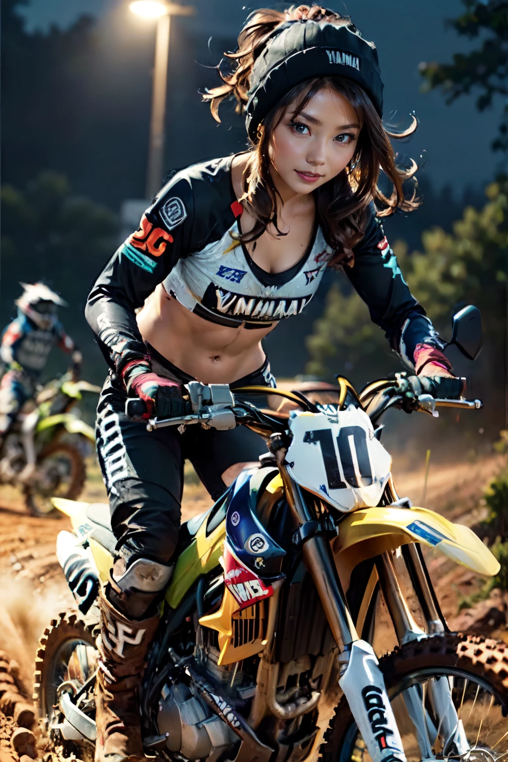 Yamaha XT250, motocross race, cute girl, brown skin, abs, night riding, motocross wear, motocross boots, driving with dust rolled up, aggressive position, カモシカ250 