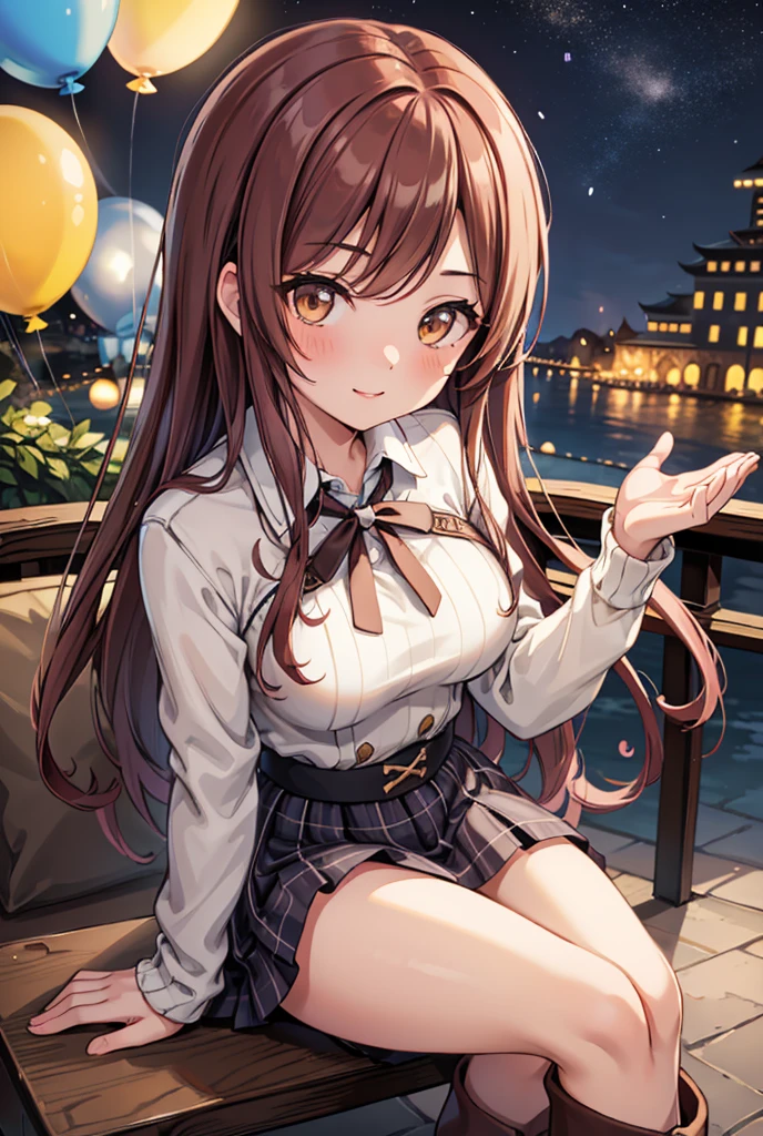  1 girl, solo,  Hi-Res, Long Hair,  big breasts at the temple, smile,  teenage woman , Dark brown hair,  Brown Eyes ,  Hi-Res, masterpiece, accurate,  anatomically correct,  won numerous awards, 最 High Quality ,  details, 高い details,  high definition model,  High Quality ,  RETINA,  very detailed,  textured skin,  Ultra High Definition,  knitted sweater, (( heart balloon)), Highlight the whole body,  beautiful eyes, Hotel, ( plaid mini skirt with index fingers on both hands and cheeks), night, autumn,  starry sky ,  cafe restaurant terrace seat background,  sit on a chair,  black long boots , Meeting up with my boyfriend,  candlelight , Christmas cityscape , Look Up, (((Turn your palms))),  (((heart hands))), (( crosses legs)),  panchira ,