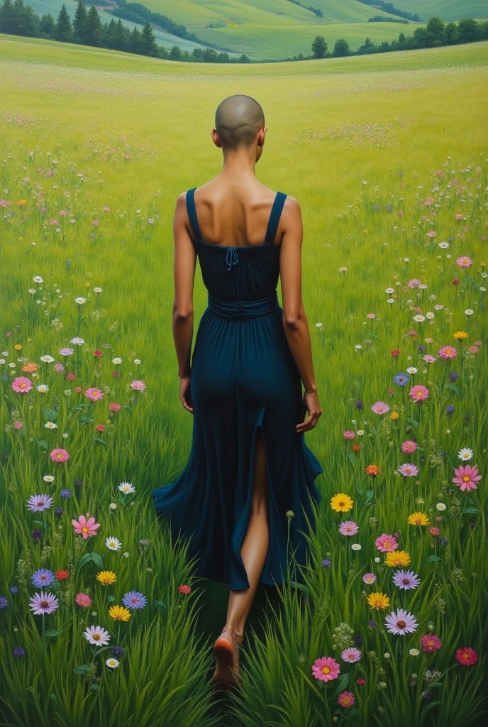 A slender naked woman walking