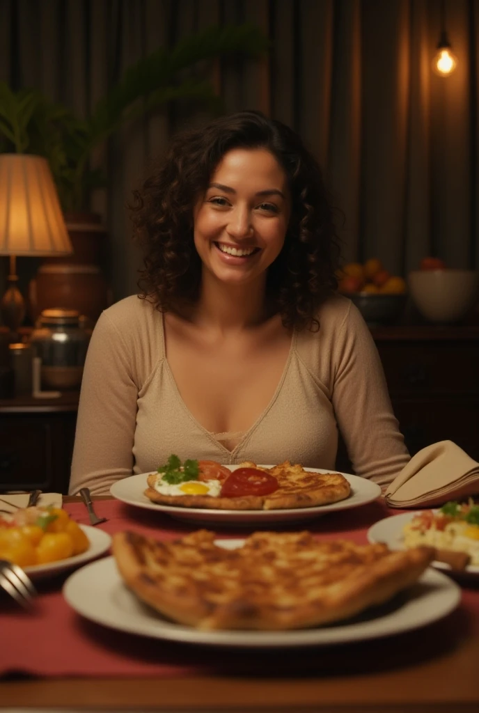 Draw a picture of a happy woman eating a lot. hyper realistic