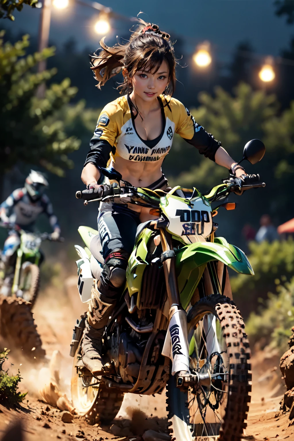 Yamaha XT250, motocross race, cute girl, brown skin, abs, night riding, motocross wear, motocross boots, driving with dust rolled up, aggressive position, カモシカ 