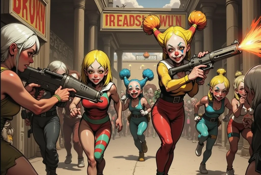 a horde of clown soldiers with machine guns invading a shopping mall, dark dystopian cyberpunk, highly detailed, cinematic lighting, moody atmosphere, gritty realistic, action movie style, dramatic tension, high contrast, neon colors, urban decay, masterpiece