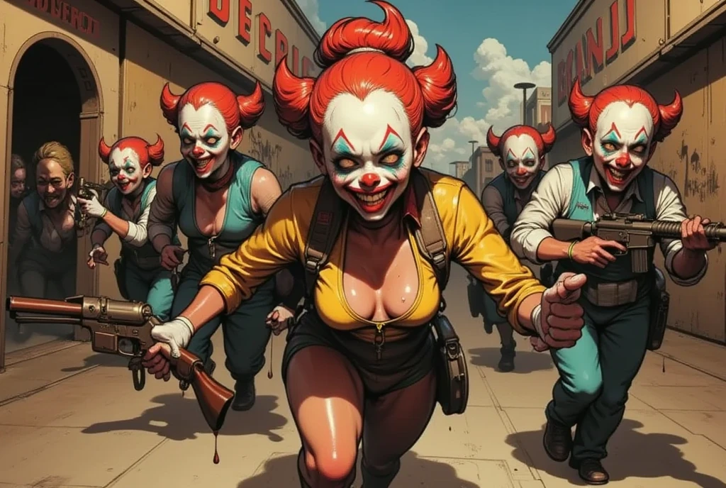 a horde of clown soldiers with machine guns invading a shopping mall, dark dystopian cyberpunk, highly detailed, cinematic lighting, moody atmosphere, gritty realistic, action movie style, dramatic tension, high contrast, neon colors, urban decay, masterpiece