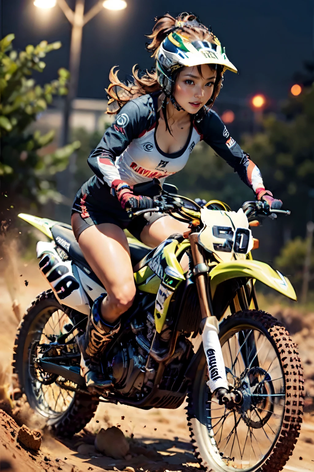 Yamaha XT250, motocross race, cute girl, brown skin, abs, night riding, motocross wear, motocross boots, driving with dust rolled up, aggressive position, カモシカ 