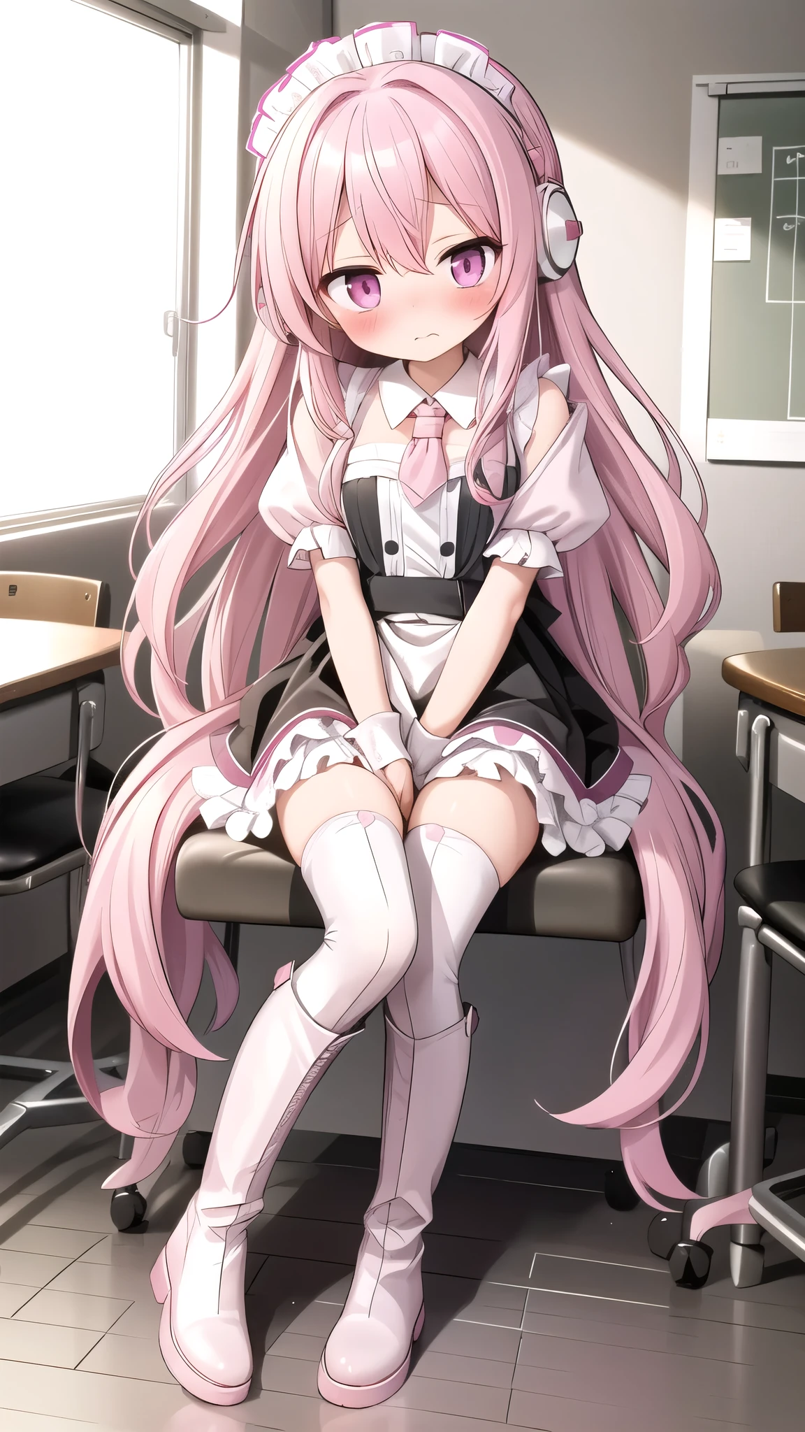  long pink hair，Maid costume， Pink Eyes ， black headphones ，White boots， blush shy，classroom scene， Embarrassment comes from ,  blush), ,, Look away, sit, Awkward,  blush, Mouth slightly open, classroom， white over-the-knee socks，