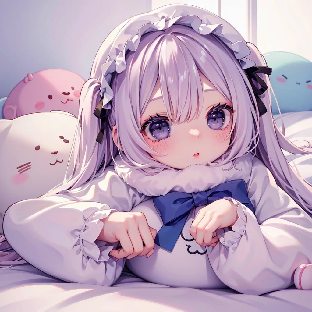 Chibi、Cute 1girl,Handsome face、、(((The best composition、Best Quality、 masterpiece、Super detailed、 high definition)))、 Pastel、A Kind World、Soft and fluffy、cute kigurumi、Nap、Macaron shaped comforter、