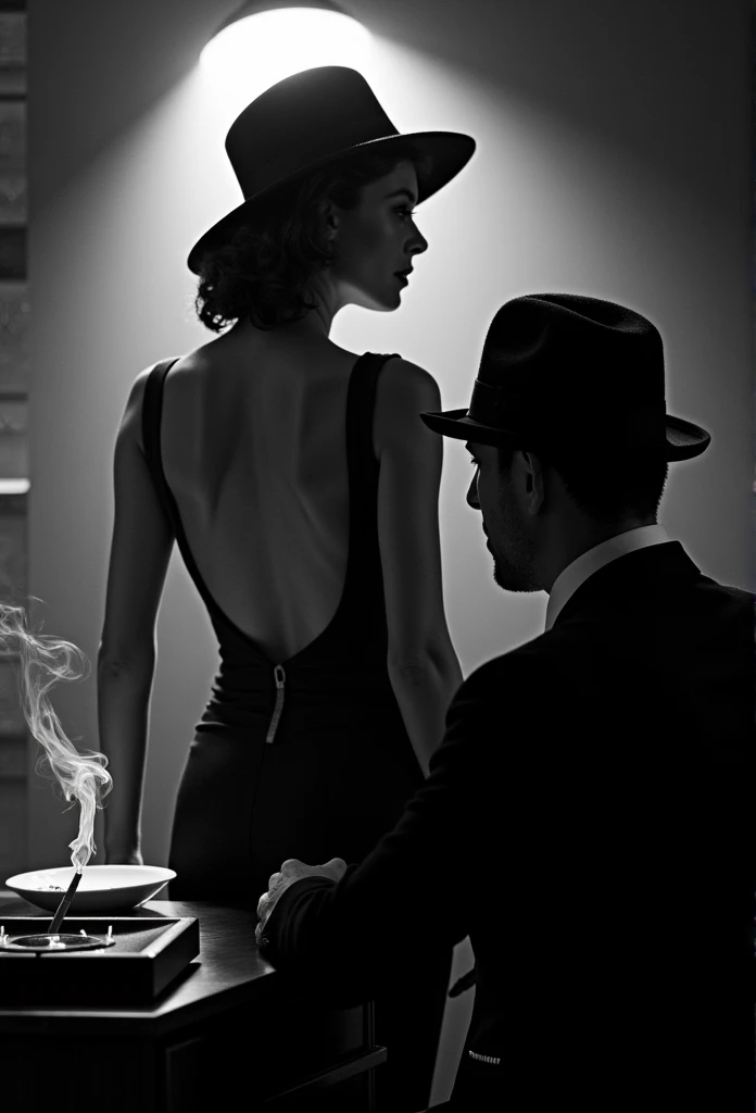 ((masterpiece)) ((photography)) ((Highest quality)) A black and white movie style image shot over the shoulder from behind an elegant woman wearing a backless dress and a fashionable tilted black hat. She stands at the desk of a 1940s-style private detective reminiscent of Philip Marlowe. The perspective is from behind the woman, capturing the mysterious tension, the detective seems curious and seduced. A cigarette smolders in an ashtray on his desk, with smoke swirling upward, adding to the gritty atmosphere of the scene.