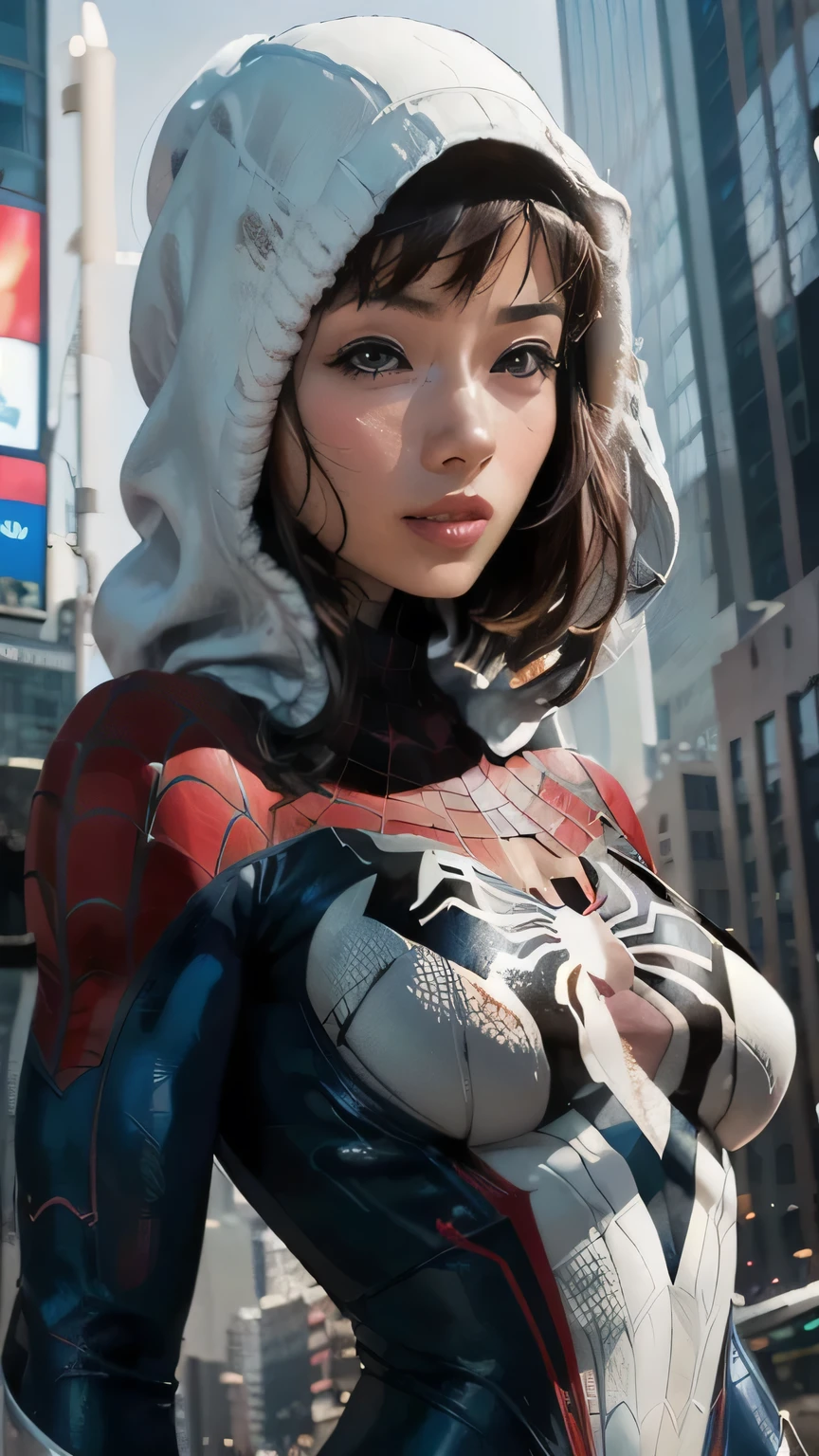 (masterpiece, 4K resolution, Ultra-realistic,  several people having fun with each other while having very detailed ), ( white costume superhero theme, Charisma, 1 woman, Japanese actress Ishihara Satomi,  Times Square in New York,  Spider Gwen（Spider-Gwen  spider-man  costume,  superheroine ), [((23 years old), ( Semi-long brown hair:1.2), whole body, ( blue eyes:1.2), ( spider-man &#39; Dynamic Pose ) ((insufficient々New urban environment):0.8)| (cityscape, At night,  Dynamic Light ), (full moon))], Breasts as big as her face ,  tight waist with abs , Big round butt ,  erect bink nipples ,  Beautiful Pink Pussy ,  has a beautiful well-balanced body line,  high angle,  full shot ,  I'm wearing a costume from the neck down, An ultra-thin costume that shows the shape of nipples, boobs, and pussy, コスチュームの胸には spider-man と同じ蜘蛛のマークがある, She is posing to show off her big breasts ,  natural light illuminating her whole body from the front , Portrait of her whole body ,   focus from chest to face , Beautiful smile, Anatomically correct , 