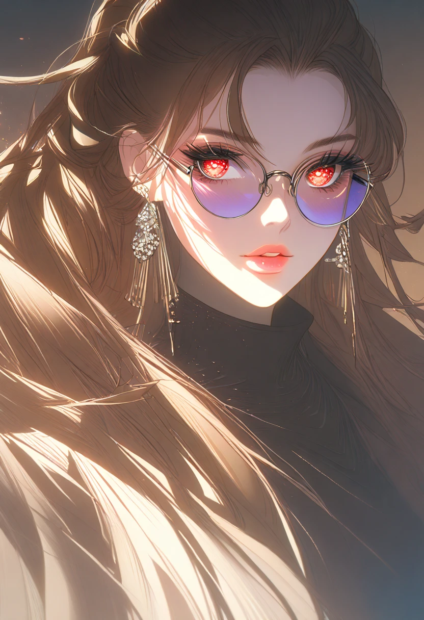 1girl, high ponytail, sunglasses, brown coat, dark turtleneck, small earrings, baggy jeans, plain background, 8k, highres, hyperdetailed, dramatic lighting, cinematic, elegant, beautiful detailed eyes, beautiful detailed lips, extremely detailed face, long eyelashes, fashion portrait, ft colors, pastel colors, warm tones, full body shot, whole body, mature female, black high heels, high heels, hutao, long hair, bangs, brown hair, red eyes, hair between eyes, twintails, sidelocks, symbol-shaped pupils, whole body shot
