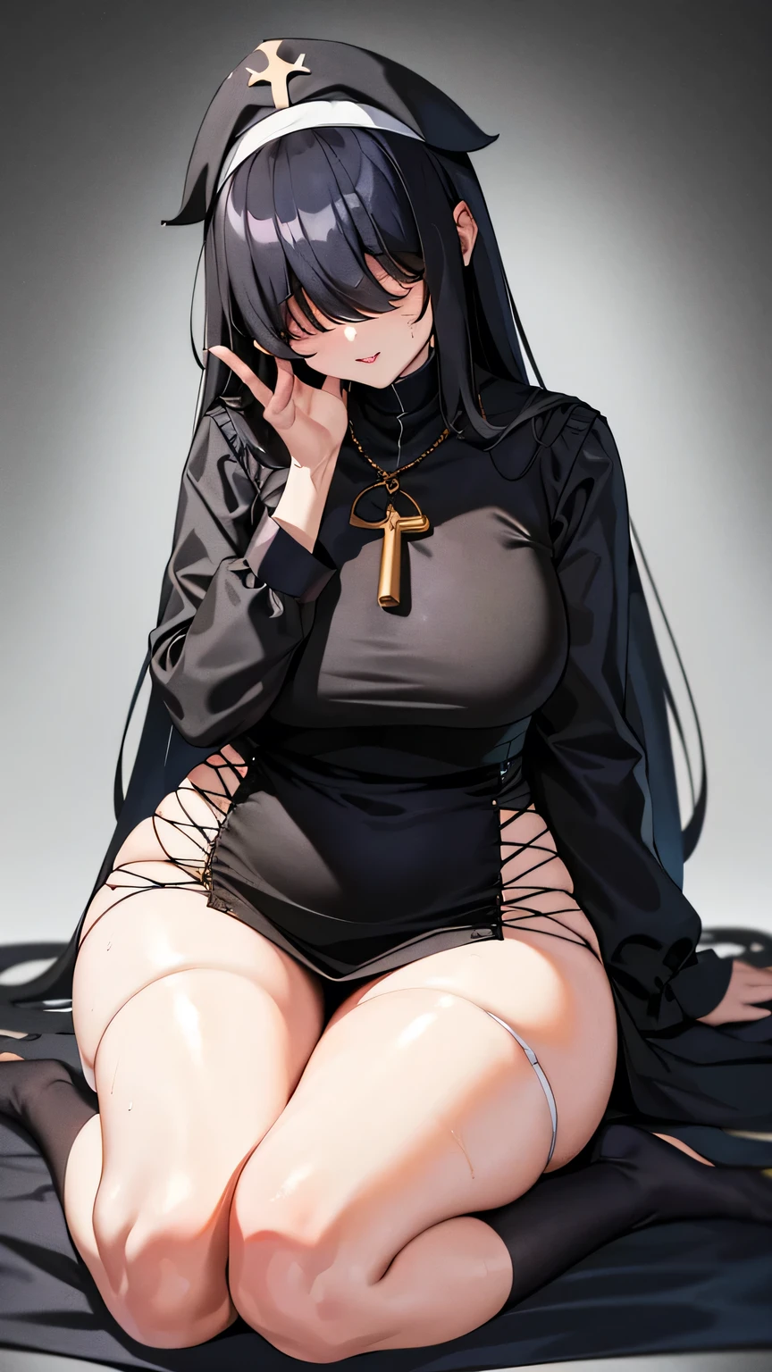 (8k,Best Quality,masterpiece:1.2),(),( Details),( Details finger ), high quality CG Unity 8k huge file size , Ultra-fine, Hi-Res, Ray Tracing , Dramatic Shadows,delicate, Hyper Details、(( golden long hair))、woman、 plump breasts、wear(( cosplay_,saint、sister、Black and white outfit))、 black skirt on Kuroshio Sea 、 Clevis、((Clergy))、 cowboy shot a little close 、(Squat)、( simple background)、((Very wet))、 attractive expression、(( open the foot wide))、、 thick thighs 、 bright red rouge and plump lips、 open your mouth slightly、( face focus )