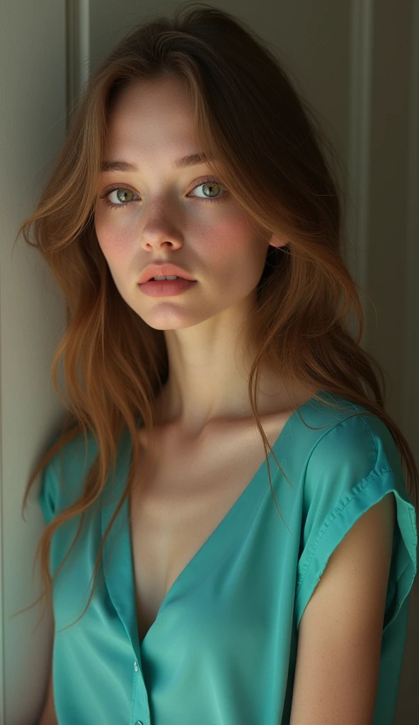 17 year old girl with blue eyes, standing and facing
