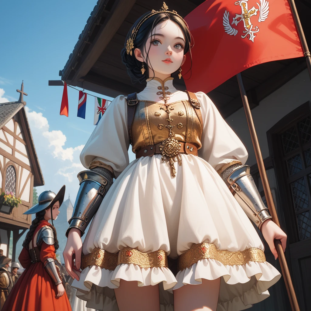 (   Highly Detailed CG Octane Rendering 8K Wallpaper ),   World's Most Beautiful Artwork  ,   Long Spear with a Flag , Complex,   high detail, ８ year old girls , Gold embroidery,  Medieval Long Cotton Dress （With panniers）, cotton cloth,   raise skirt  , Strong winds, Transparent slip, Translucent Tights  , Peeking from below, Best Quality, Disarray of clothing,   lies down, underwear,   show off your thighs, knight , Skirt lining, Bloomers、Leather Armor、 with a flag attached to a long spear 
