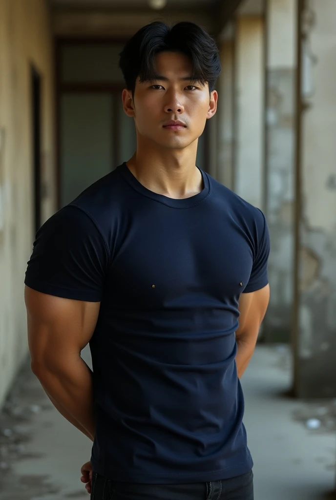 A young Asian man with large muscles looks at the camera. In a black button-down shirt , seaside beach sunlight looking at the airport