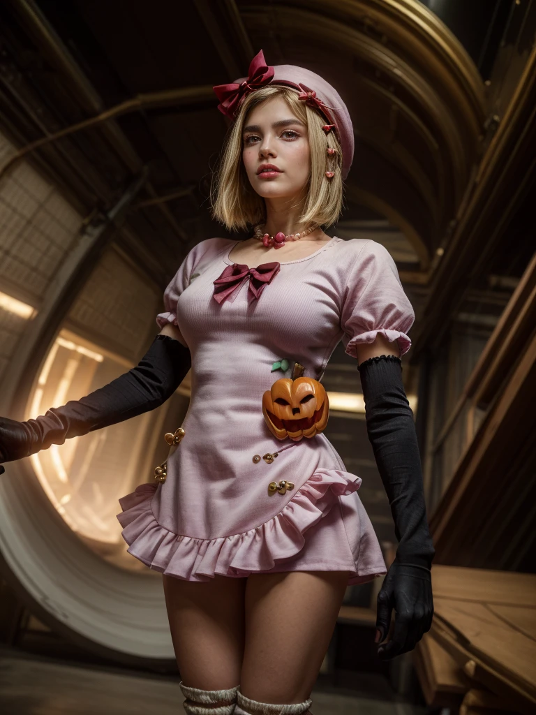 (1 lady), The beautiful, (Best quality at best:1.4), (ultra - detailed), (extremely detailed CG unified 16k), gold blonde hair, very detailed, High-definition RAW color photo, professional photoshooting, amazing face and eyes, cosmetics, (amazingly beautiful girl), ((lambdadelta, taller, tall woman)), ((dress, shoes bow, red shoes, striped stockings, red bow, pink hat, necklace, gloves, pearl, pumpkin brooch, pink dress)), levitating in a cute posture (floating in the air), (She's levitating in a cosmic sea, outer space:1.3, quantum hyperspace room lacking walls, hyperspace chamber, extremely detailed background, a lot of details background, realistic background), (look from above), realistic cinematic face, head to feet long wide zoomed out view, full body long view, photorealistic, ((realistic natural blonde hair style, red eyes)), gorgeous, extremely beautiful face, perfect model beauty, pout mouth, Highly Detailed Face and Skin Texture, Detailed Eyes, Double Eyelids, Big Breasts, Persistent Stare, Faith Trance, (mystical stare, looking eternity), (masterpiece), best quality, high resolution, depth of field, cinematic lighting, amazing legs, pink combat boots, clear and well-cared skin