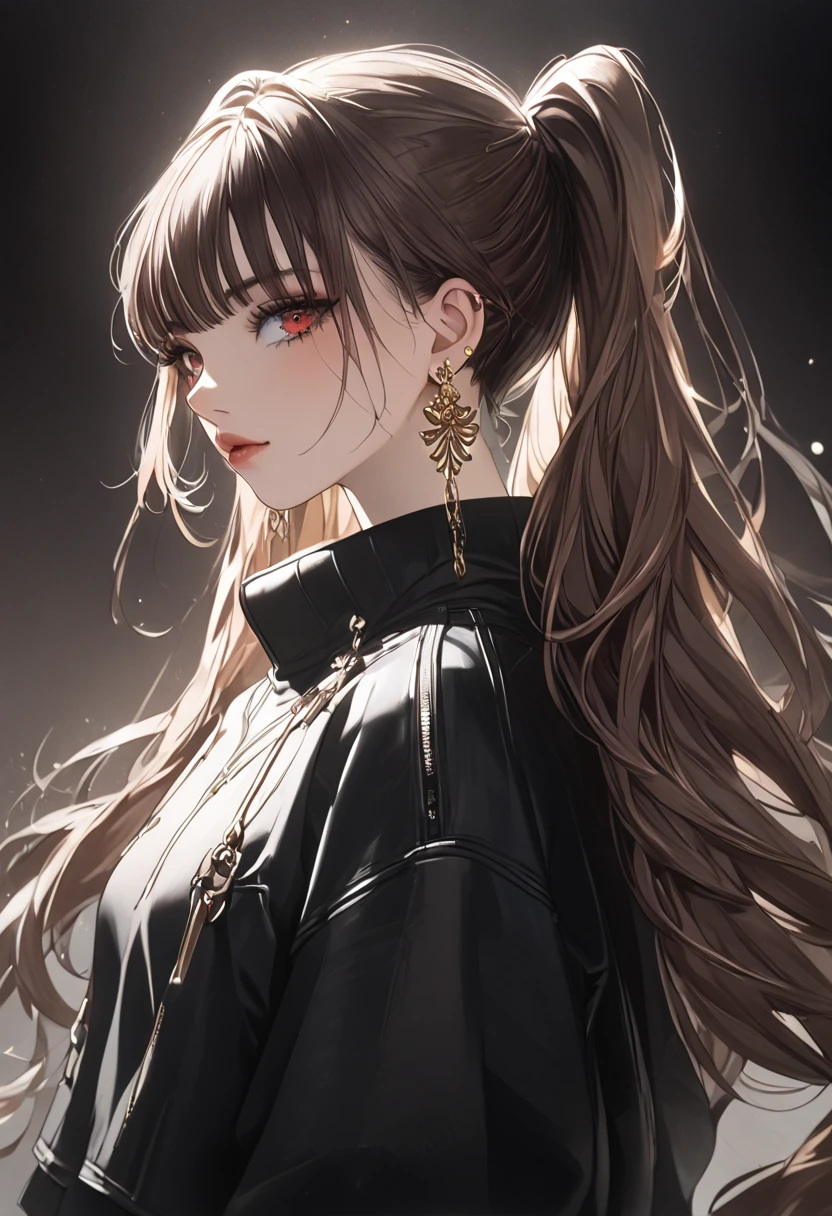 1girl, high ponytail, sunglasses, brown coat, dark turtleneck, small earrings, baggy jeans, plain background, 8k, highres, hyperdetailed, dramatic lighting, cinematic, elegant, beautiful detailed eyes, beautiful detailed lips, extremely detailed face, long eyelashes, fashion portrait, ft colors, pastel colors, warm tones, full body shot, whole body, mature female, black high heels, high heels, hutao, long hair, bangs, brown hair, red eyes, hair between eyes, twintails, sidelocks, symbol-shaped pupils, whole body shot
