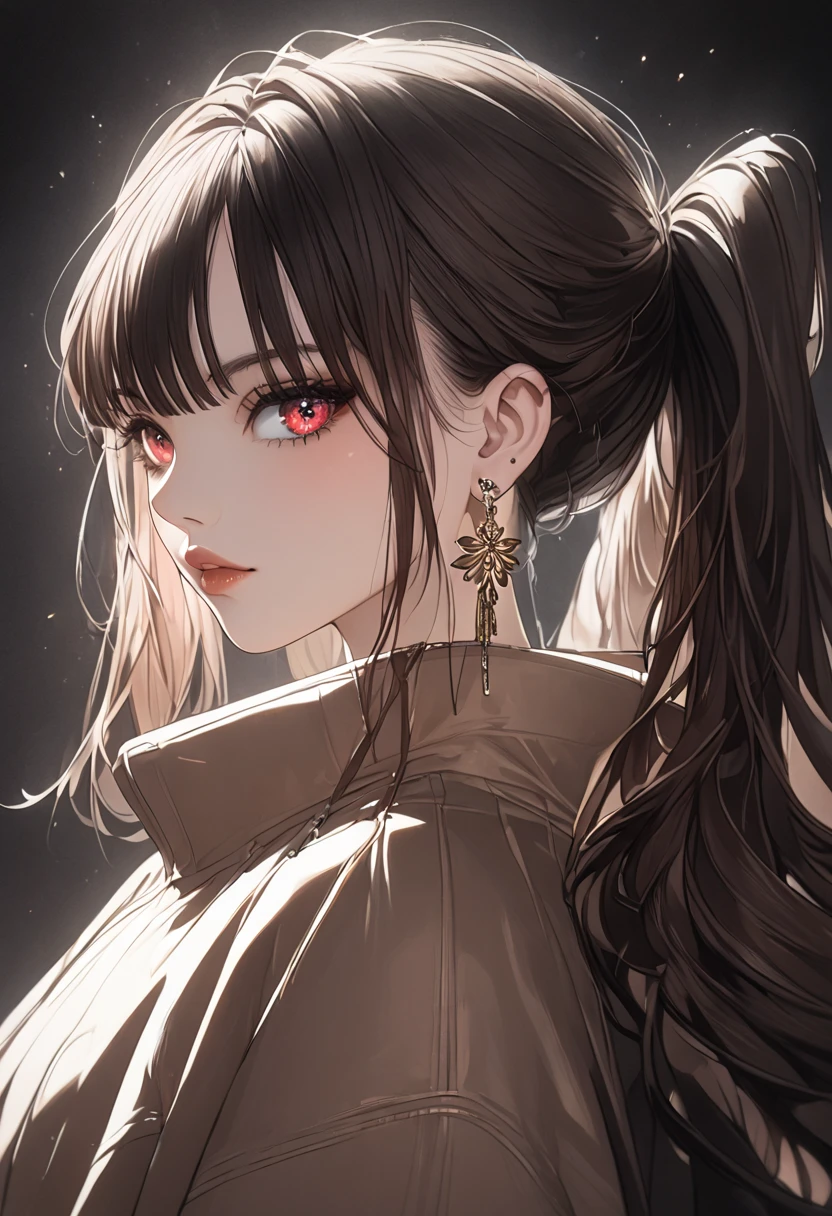 1girl, high ponytail, sunglasses, brown coat, dark turtleneck, small earrings, baggy jeans, plain background, 8k, highres, hyperdetailed, dramatic lighting, cinematic, elegant, beautiful detailed eyes, beautiful detailed lips, extremely detailed face, long eyelashes, fashion portrait, ft colors, pastel colors, warm tones, full body shot, whole body, mature female, black high heels, high heels, hutao, long hair, bangs, brown hair, red eyes, hair between eyes, twintails, sidelocks, symbol-shaped pupils, whole body shot
