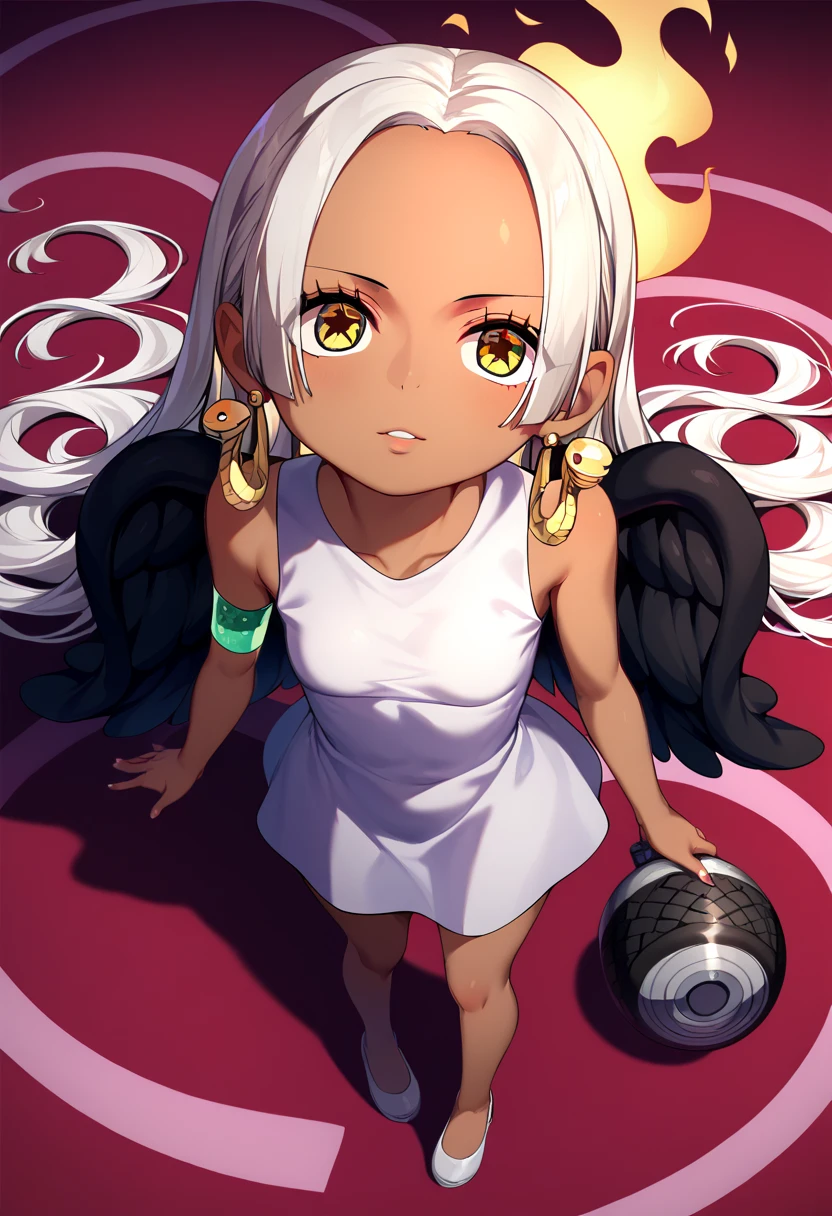 UHD, retina, textured skin, high details, high quality, best quality,  highres icon, 1080P, HD, 16k、1 Girl,Earthsnake , Long Hair, white hair, Brown Skin、,  earrings for a woman alone, Yellow Eyes, symbol-shaped pupils,  black wings  ,  small breasts.  sundress,  white dress,  sleeveless, armlet、 cute、Flames on the back、flat chest、full body、looking up、from above、crossed