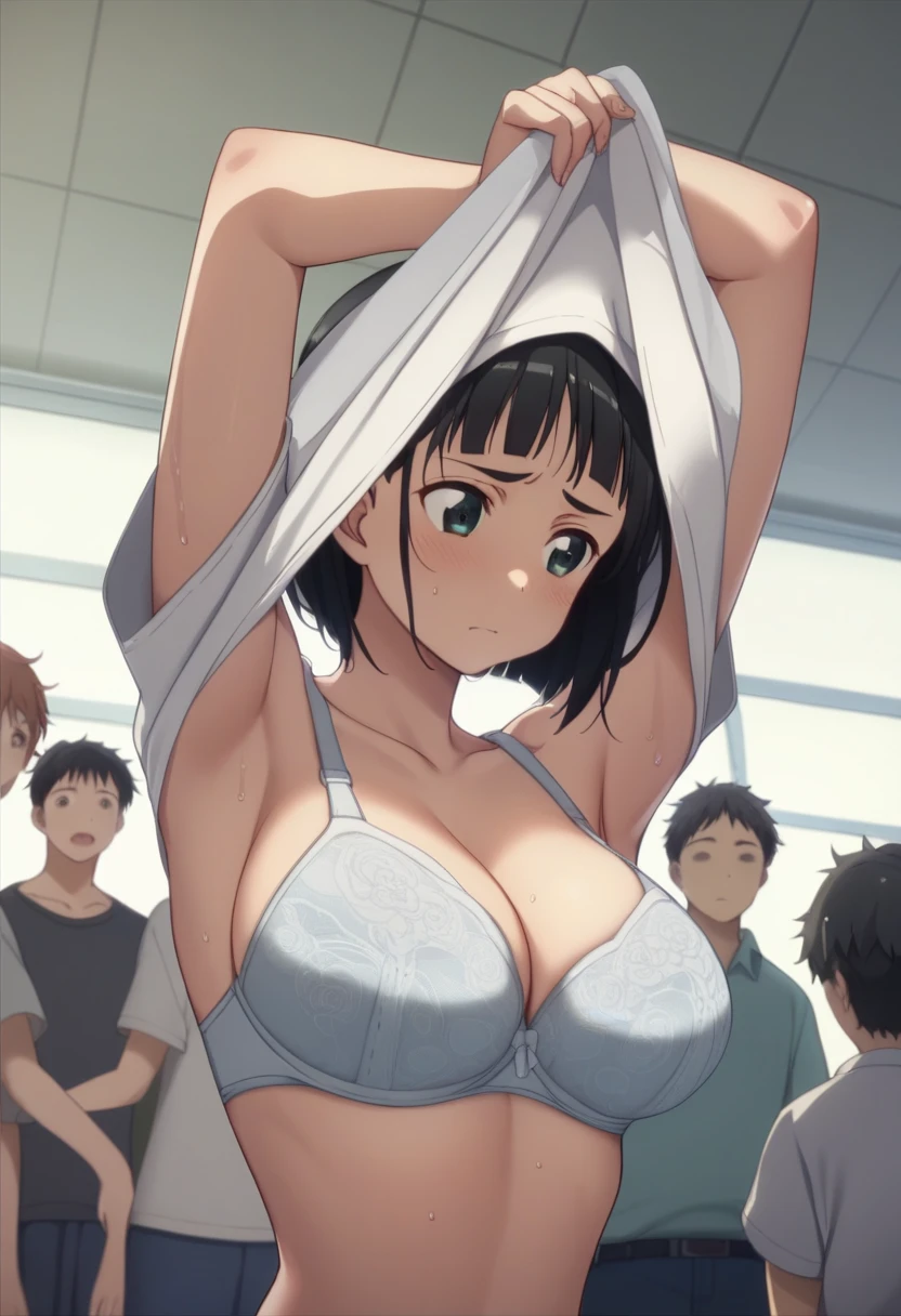 Best Quality、masterpiece、 girl１people、 short hair、Black Hair、Big Breasts、Re-suguha 、Kirihara Naoha 、 perfect body、tank top black、Bloomers、White Bra、 Sports Fields、　shirt mismatch 　Bra visible　Wet Shirt　Hold your chest with your arms　Middle-aged man　Sneaking up　Harassment　The tank top is misaligned to below the chest　 high angle　down　blouse、See-through bra　　crowd　Spectacle　Popping:( Lift Her Bra 、Bra lift 、bra pull)、男がremoving bra.Group