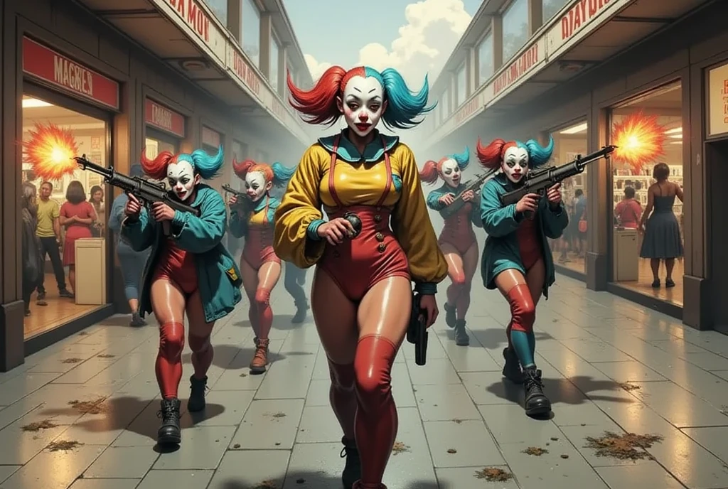 a horde of clown soldiers with machine guns invading a shopping mall, dark dystopian cyberpunk, highly detailed, cinematic lighting, moody atmosphere, gritty realistic, action movie style, dramatic tension, high contrast, neon colors, urban decay, masterpiece