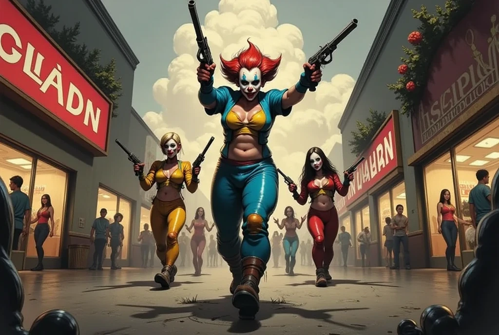 a horde of clown soldiers with machine guns invading a shopping mall, dark dystopian cyberpunk, highly detailed, cinematic lighting, moody atmosphere, gritty realistic, action movie style, dramatic tension, high contrast, neon colors, urban decay, masterpiece