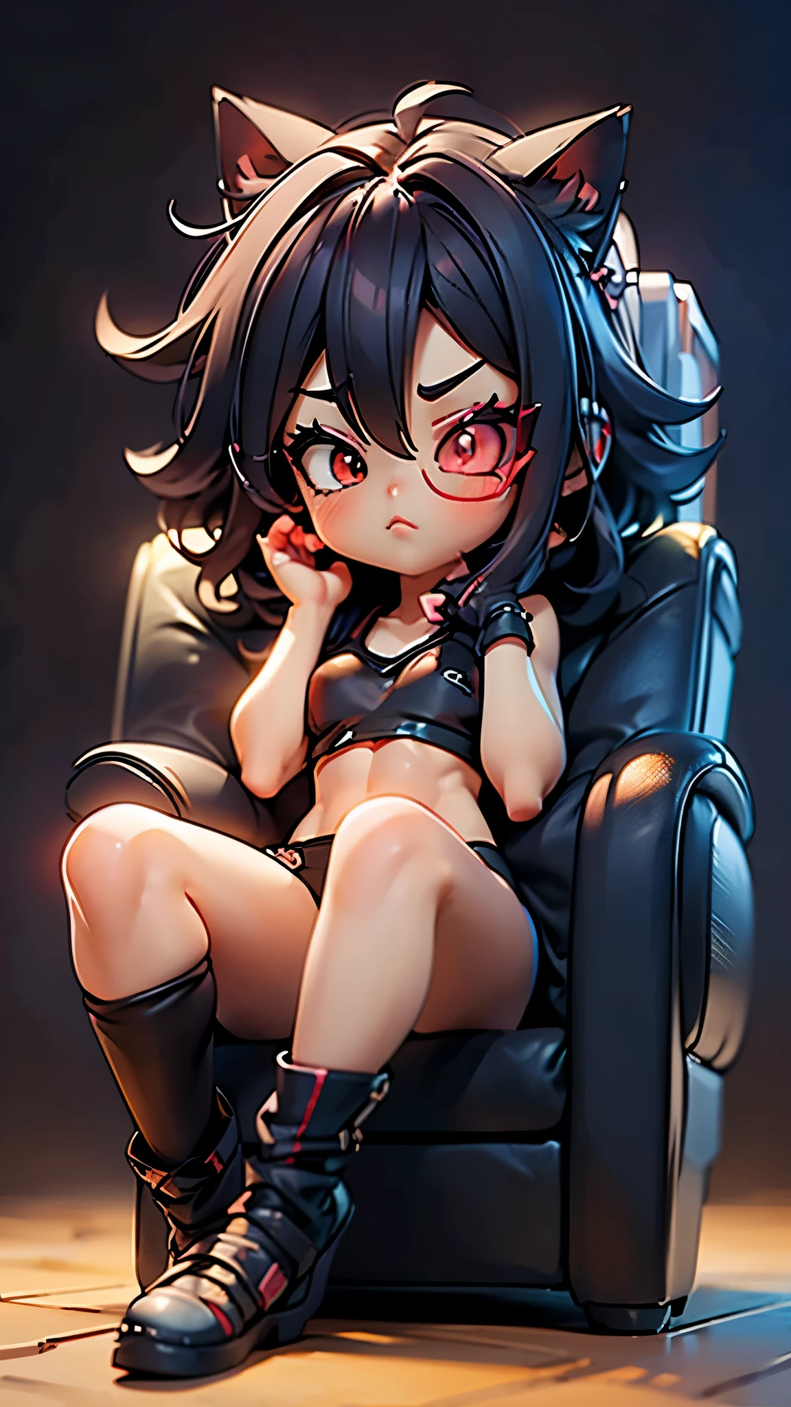 ((excellent quality, HD, 4k, beautiful illustration,  good lighting, color correction ,  anime style,  Photorealistic)),  A black-haired girl with red eyes,  pointy hair  , cat ears, raising the right eyebrow, eyeliner,  Beautiful eyebrows , lip filler, eyelashes,  tinted sunglasses , (Saiyan Scouter ), (saiyajin armadura),  muscular body of a girl ,  spaceship,  takes full body,  crop top,  sitting in a chair with open legs, hand on face