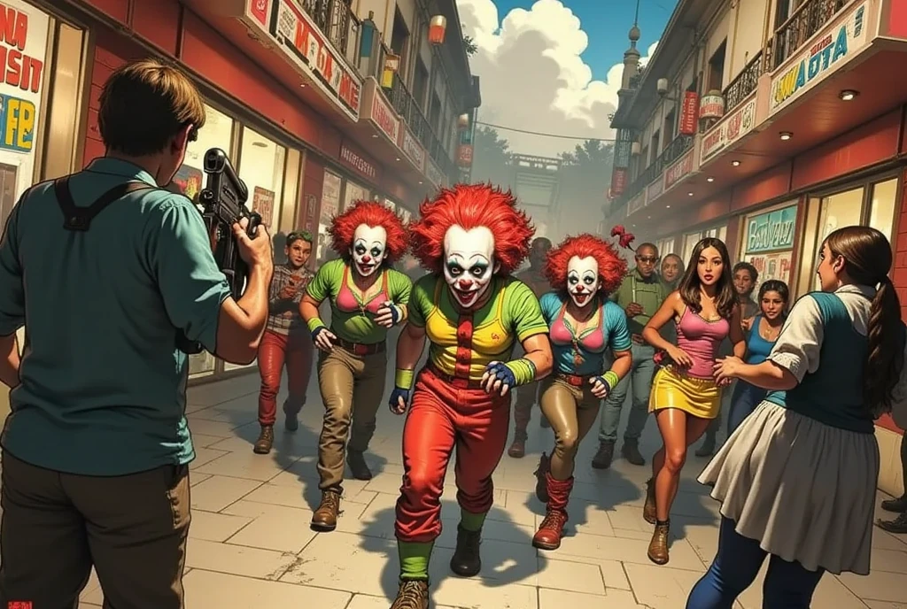 a horde of clown soldiers with machine guns invading a shopping mall, dark dystopian cyberpunk, highly detailed, cinematic lighting, moody atmosphere, gritty realistic, action movie style, dramatic tension, high contrast, neon colors, urban decay, masterpiece