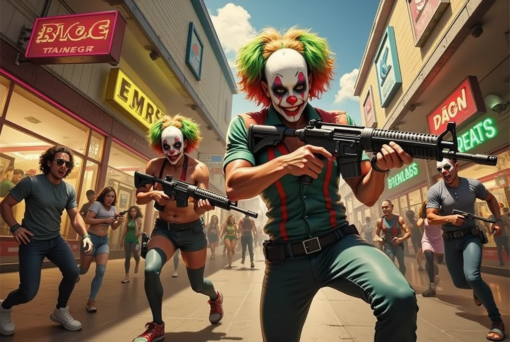 a horde of clown soldiers with machine guns invading a shopping mall, dark dystopian cyberpunk, highly detailed, cinematic lighting, moody atmosphere, gritty realistic, action movie style, dramatic tension, high contrast, neon colors, urban decay, masterpiece