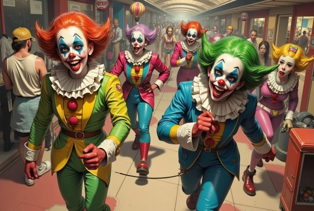 a horde of clown soldiers with machine guns invading a shopping mall, dark dystopian cyberpunk, highly detailed, cinematic lighting, moody atmosphere, gritty realistic, action movie style, dramatic tension, high contrast, neon colors, urban decay, masterpiece