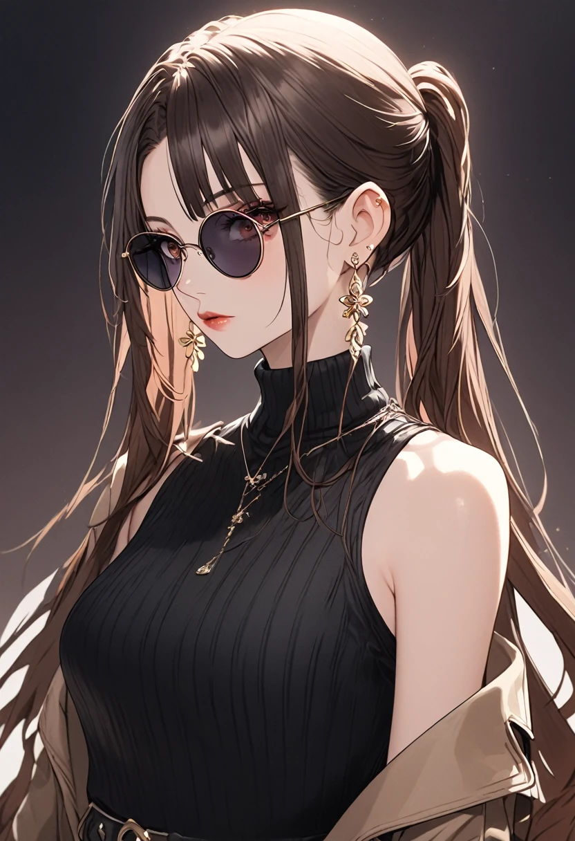 1girl, high ponytail, sunglasses, brown coat, dark turtleneck, small earrings, baggy jeans, plain background, 8k, highres, hyperdetailed, dramatic lighting, cinematic, elegant, beautiful detailed eyes, beautiful detailed lips, extremely detailed face, long eyelashes, fashion portrait, ft colors, pastel colors, warm tones, full body shot, whole body, mature female, black high heels, high heels, hutao, long hair, bangs, brown hair, red eyes, hair between eyes, twintails, sidelocks, symbol-shaped pupils, whole body shot
