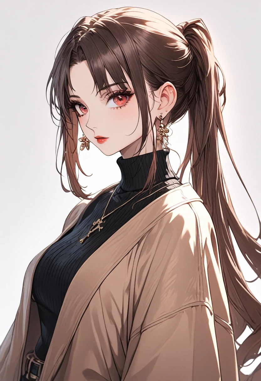 1girl, high ponytail, sunglasses, brown coat, dark turtleneck, small earrings, baggy jeans, plain background, 8k, highres, hyperdetailed, dramatic lighting, cinematic, elegant, beautiful detailed eyes, beautiful detailed lips, extremely detailed face, long eyelashes, fashion portrait, ft colors, pastel colors, warm tones, full body shot, whole body, mature female, black high heels, high heels, hutao, long hair, bangs, brown hair, red eyes, hair between eyes, twintails, sidelocks, symbol-shaped pupils, whole body shot
