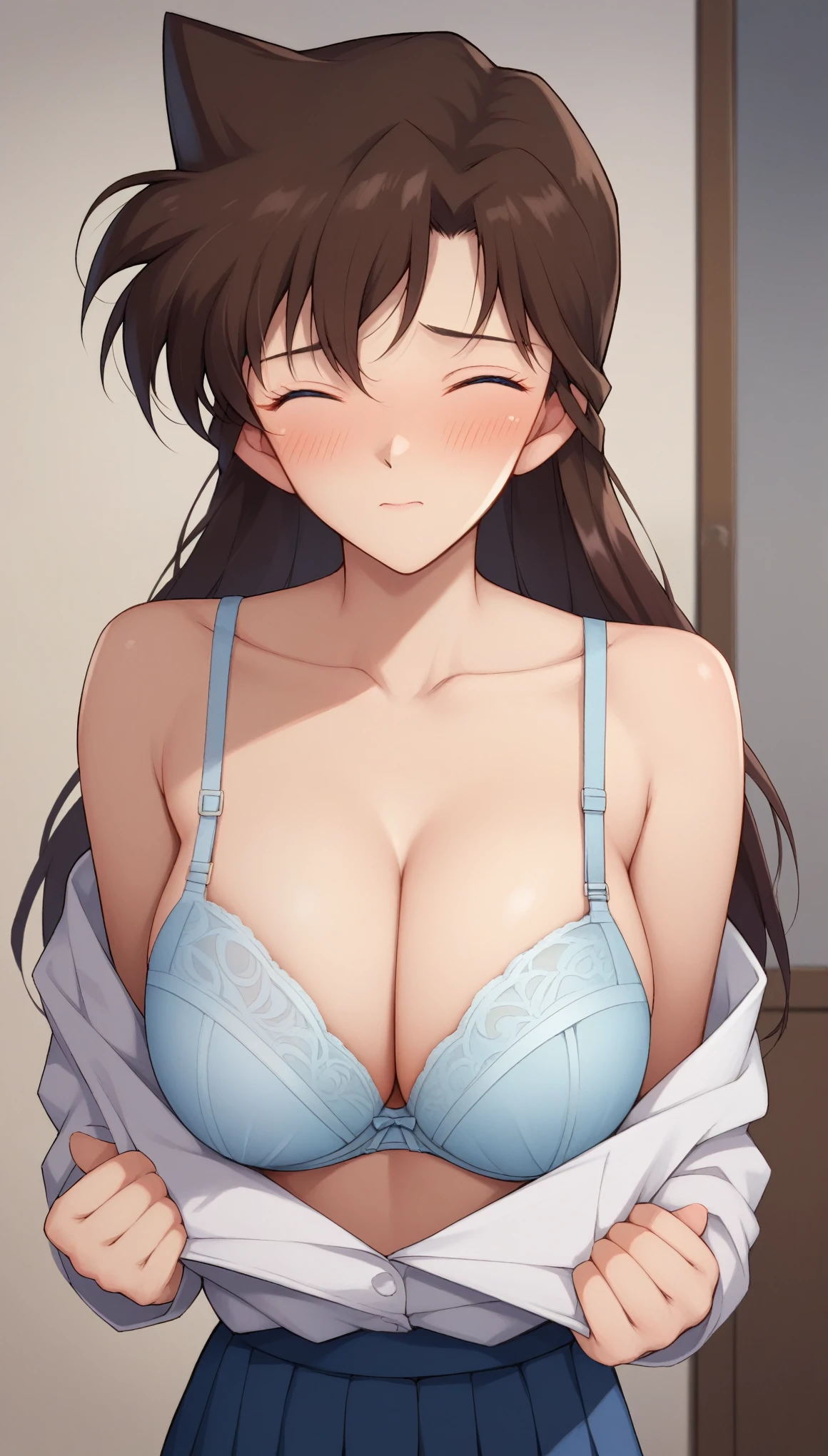 RanMoriDCXL, 1 girl, ran mori, detective conan, blue eyes, dark brown hair, blush, long hair, 1 pointed hair, bangs, large breasts, slender body, ((tall body:1.2)), red face, ((hesitant)), shy, embarrassed, ((eyes closed shut squint:1.2)), blue pleated short skirt, solo, standing, indoors, front view, half body front view, straight front no angle, zoom out, ((hands bent spread out:1.2)), ((hands undressing white shirt:1.2)), ((bare shoulder:1.2)), standing straight, cleavage, ((pale light blue bra)), ((breasts out)), collarbone, ((expose full breasts)), ((bare naval:1.2)),((bare torso:1.2)), 