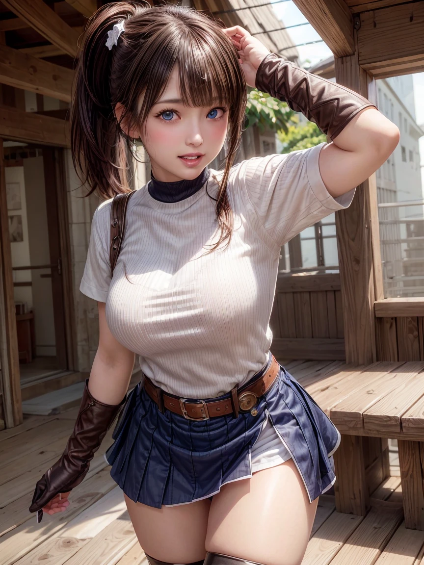 ((Best Quality)), ((Masterpiece)), (detail: 1.4), (realisticity:2), (Ranma-chan: 2.1), (braided ponytail, single ginger braid ), provocative smile, open lips, leaky belly button, (vibrant blue eyes), short skirt, cropped tangzhuang, looking at the viewer, (excellent detail, outstanding lighting, wide angle), dramatic shadows , Subsurface Scattering, Post Processing, Anisotropic Filtering, Depth of Field, Maximum Sharpness and Acutance, Albedo and Highlight Mapping, Surface Shading, Accurate Simulation of Light-Material Interactions, Perfect Proportions, Octane Rendering, Two-tone Lighting, Wide Aperture, sfw, visible through the top, ((nipple)) erect under the clothes, (extra-fine clothing material),(nipple_outline), ((sfw)), deep cleavage, black footwear, full body, perfect ass, view from side, knee and hand on the floor, kneeling
