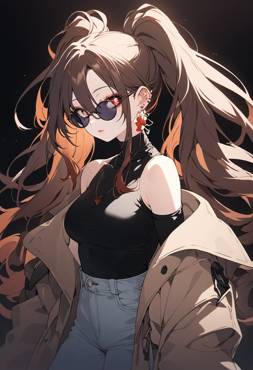 1girl, high ponytail, sunglasses, brown coat, dark turtleneck, small earrings, baggy jeans, plain background, 8k, highres, hyperdetailed, dramatic lighting, cinematic, elegant, beautiful detailed eyes, beautiful detailed lips, extremely detailed face, long eyelashes, fashion portrait, ft colors, pastel colors, warm tones, full body shot, whole body, mature female, black high heels, high heels, hutao, long hair, bangs, brown hair, red eyes, hair between eyes, twintails, sidelocks, symbol-shaped pupils, whole body shot
