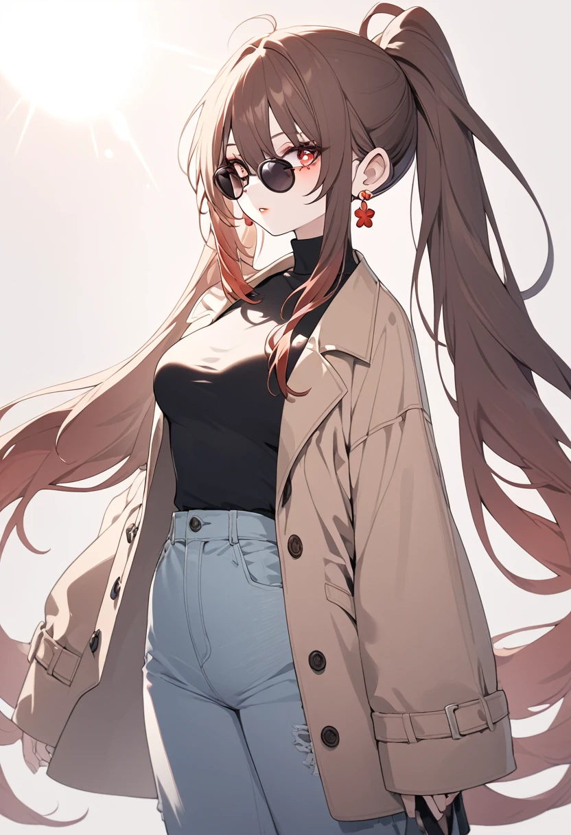 1girl, high ponytail, sunglasses, brown coat, dark turtleneck, small earrings, baggy jeans, plain background, 8k, highres, hyperdetailed, dramatic lighting, cinematic, elegant, beautiful detailed eyes, beautiful detailed lips, extremely detailed face, long eyelashes, fashion portrait, ft colors, pastel colors, warm tones, full body shot, whole body, mature female, black high heels, high heels, hutao, long hair, bangs, brown hair, red eyes, hair between eyes, twintails, sidelocks, symbol-shaped pupils, whole body shot
