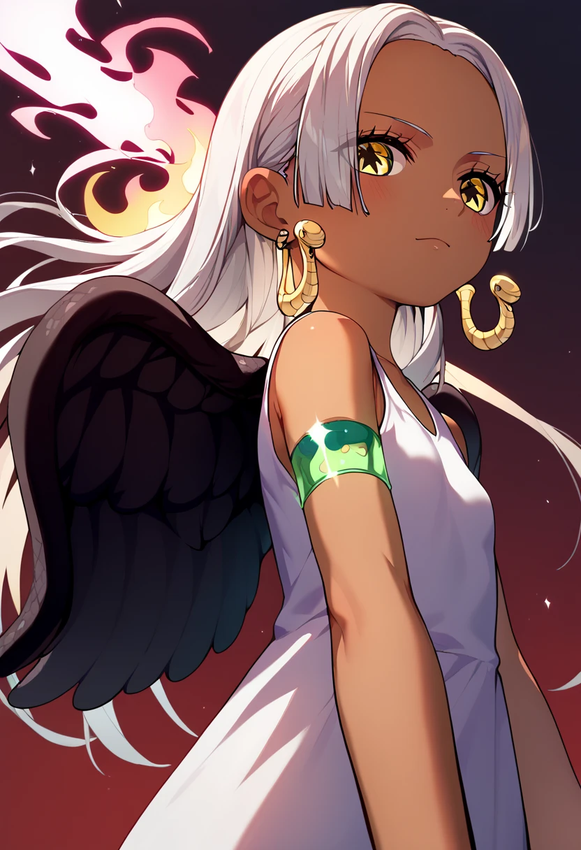 UHD, retina, textured skin, high details, high quality, best quality,  highres icon, 1080P, HD, 16k、1 Girl,Earthsnake , Long Hair, white hair, Brown Skin、,  earrings for a woman alone, Yellow Eyes, symbol-shaped pupils,  black wings  ,  small breasts.  sundress,  white dress,  sleeveless, armlet、 cute、Flames on the back、flat chest、from below、looking down、arched back