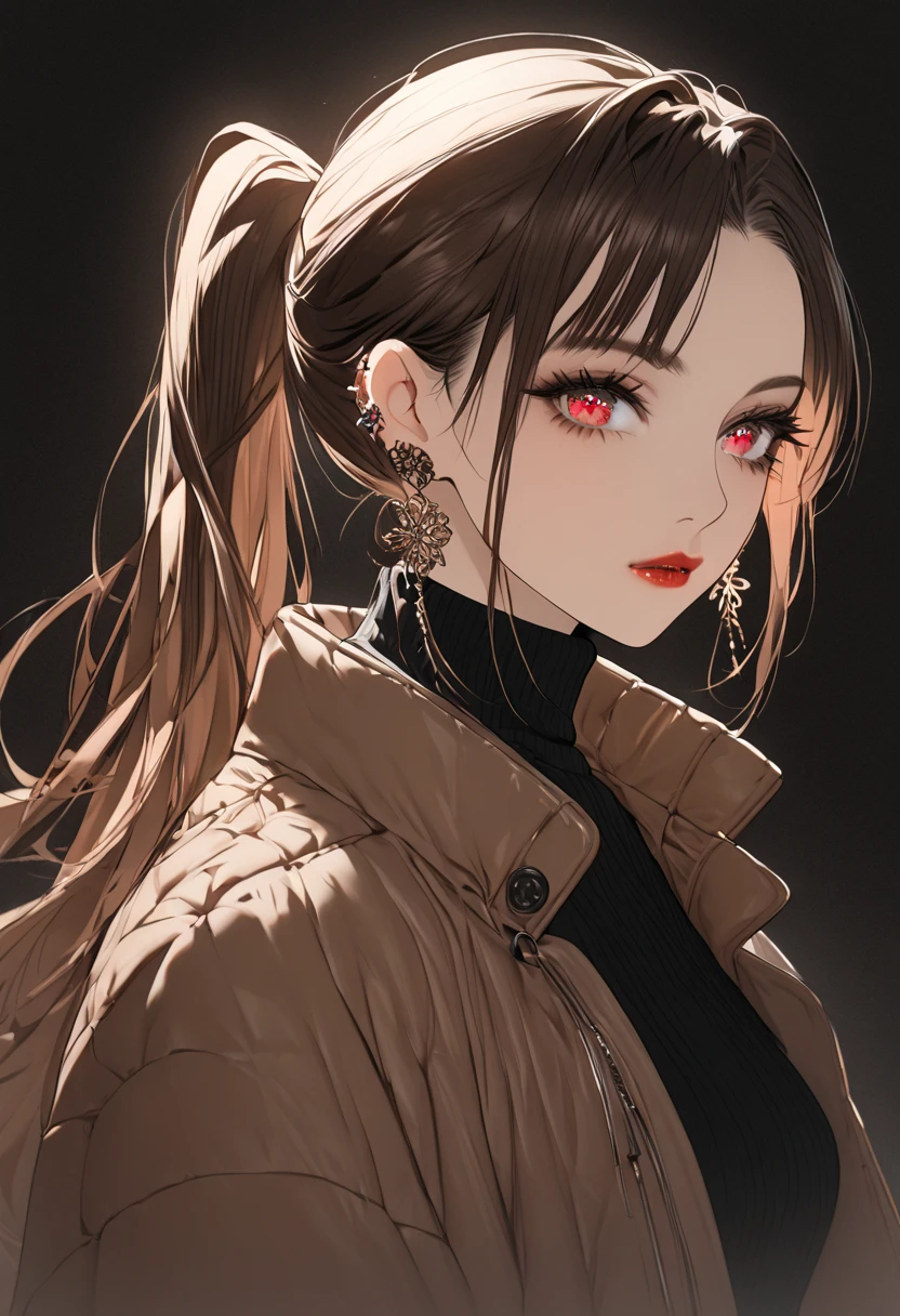 1girl, high ponytail, sunglasses, brown coat, dark turtleneck, small earrings, baggy jeans, plain background, 8k, highres, dramatic lighting,  elegant, beautiful detailed eyes, beautiful detailed lips, extremely detailed face, long eyelashes, fashion portrait, ft colors, pastel colors, warm tones, full body shot, whole body, mature female, black high heels, high heels, hutao, long hair, bangs, brown hair, red eyes, hair between eyes, twintails, sidelocks, symbol-shaped pupils, whole body shot
