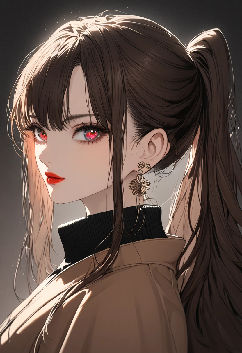 1girl, high ponytail, sunglasses, brown coat, dark turtleneck, small earrings, baggy jeans, plain background, 8k, highres, dramatic lighting,  elegant, beautiful detailed eyes, beautiful detailed lips, extremely detailed face, long eyelashes, fashion portrait, ft colors, pastel colors, warm tones, full body shot, whole body, mature female, black high heels, high heels, hutao, long hair, bangs, brown hair, red eyes, hair between eyes, twintails, sidelocks, symbol-shaped pupils, whole body shot
